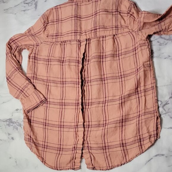 Free People 'No Limits' Peach Plaid Linen Shirt - Picture 6 of 6